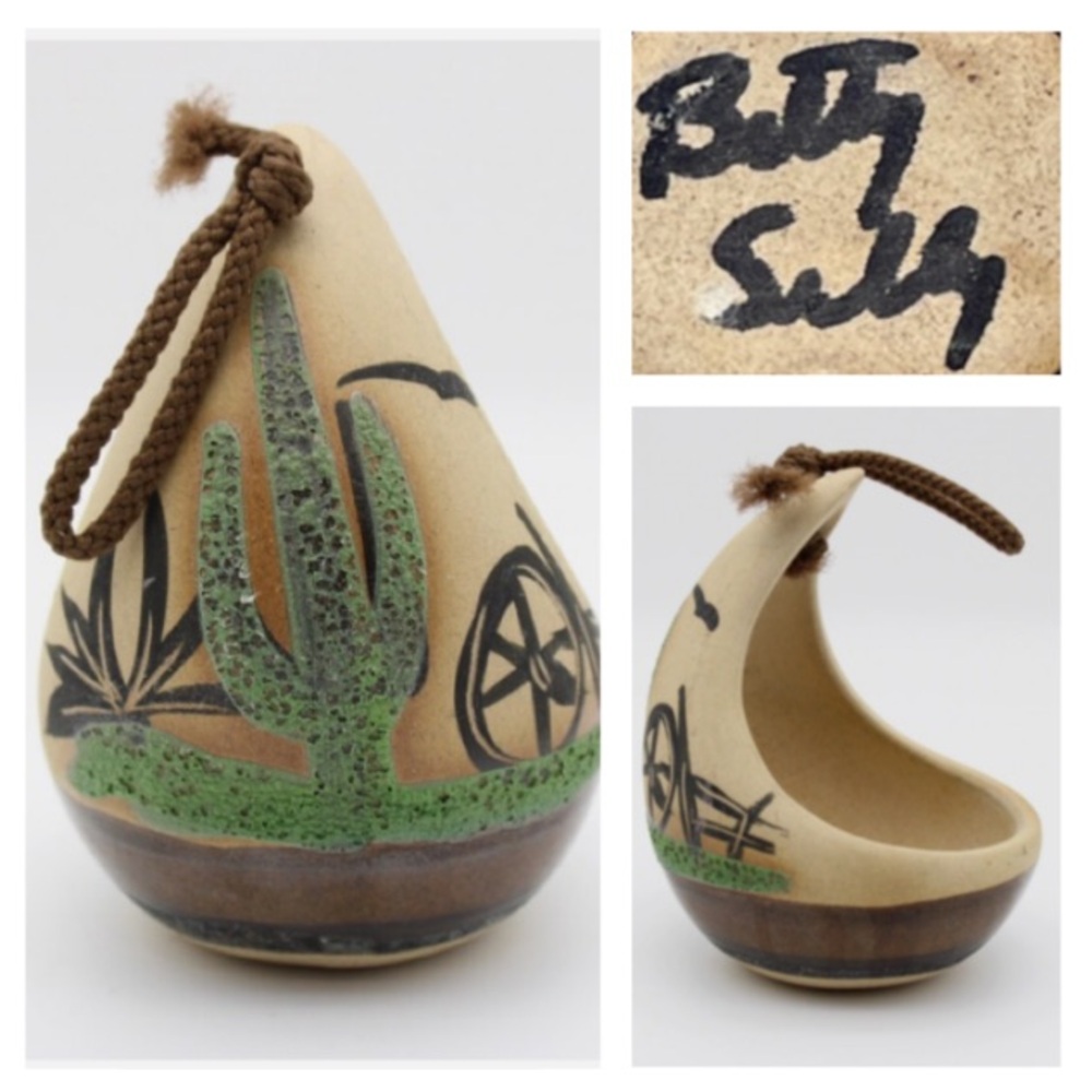 Betty Selby Vintage 1985 Pottery Hanging Planter BIRD FEEDER Navajo Half-Moon